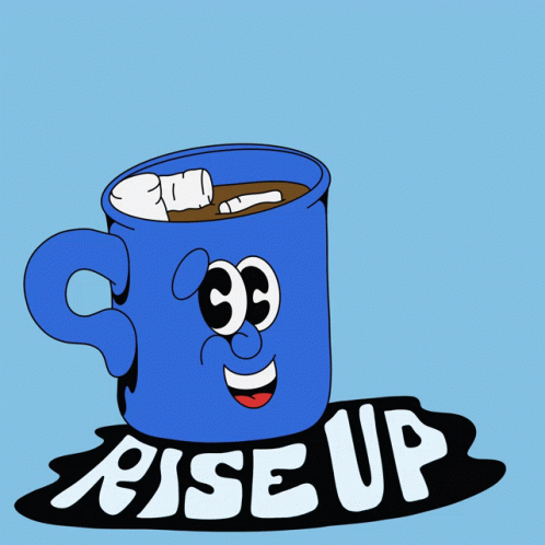 a blue mug with a face and the words rise up on it