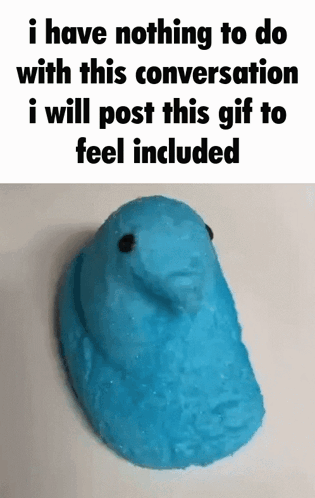 A Blue Peeps Marshmallow With A Face On It GIF