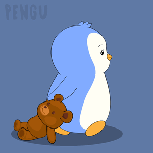 A Blue Penguin Holding A Brown Teddy Bear With The Word Pengu On The Bottom Right GIF