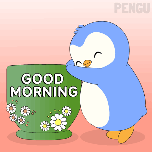 Blue Penguin Hugging Green Cup Saying Good Morning GIF