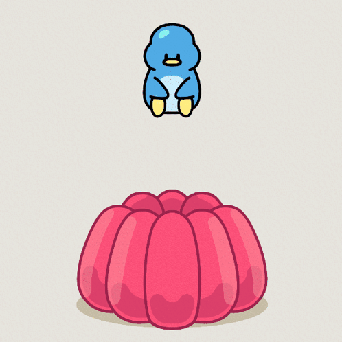 A Blue Penguin Is Flying Over A Pink Jelly GIF