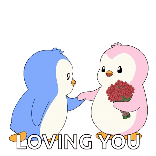 A Blue Penguin Is Giving A Pink Penguin A Bouquet Of Red Roses With The Words Loving You Behind Them GIF