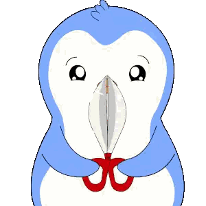 a blue penguin is holding a pair of scissors in its hands