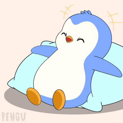 A Blue Penguin Is Sitting On A Blue Pillow With The Word Pengu Written Below It GIF
