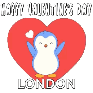 A Blue Penguin Is Standing In Front Of A Red Heart With The Words Happy Valentine 'S Day London Below It GIF