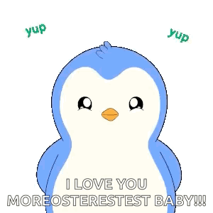 A Blue Penguin Is Surrounded By Words That Say `` I Love You Moreosterest Baby '' . GIF