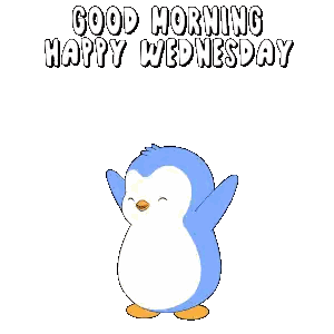 a blue penguin says " good morning happy wednesday " on a white background