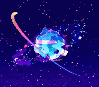 A Blue Planet With A Yellow Ring Around It In Outer Space GIF