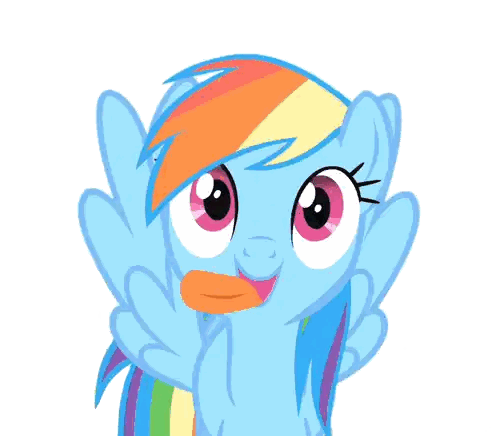 a blue pony with a rainbow mane and tail is sticking out its tongue