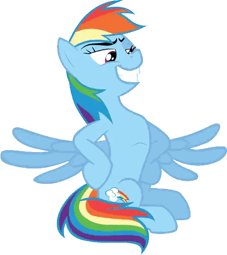 a blue pony with a rainbow tail and a muscular body