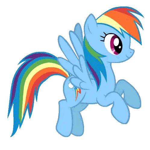 a blue pony with a rainbow tail and wings on a white background