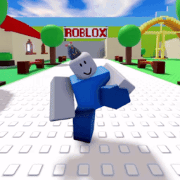 A Blue Roblox Character Is Dancing In Front Of A Green Roblox Sign GIF
