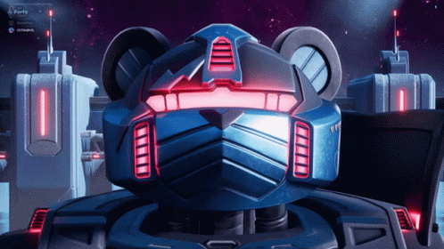 A Blue Robot With A Red Light On It 'S Face And The Words Party On The Bottom GIF
