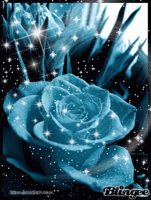 A Blue Rose Is Surrounded By Sparkles And Says Blingee GIF