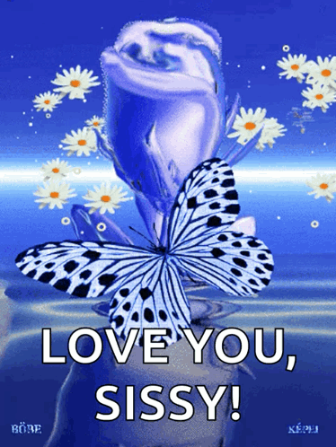 A Blue Rose With A Butterfly And The Words Love You Sissy On The Bottom GIF
