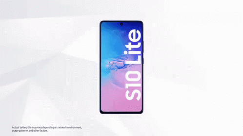 A Blue Samsung Galaxy S10 Lite Phone Is Sitting On A White Background . GIF