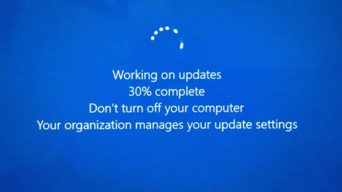 A Blue Screen That Says Working On Updates 30 % Complete Don 'T Turn Off Your Computer Your Organization Manages Your Up GIF
