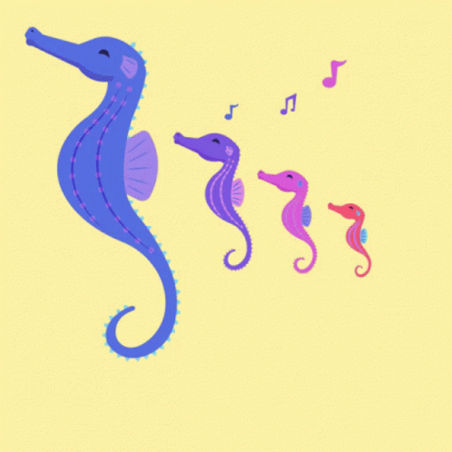 A Blue Seahorse Is Standing Next To A Pink Seahorse GIF