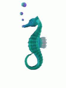 A Blue Seahorse With Two Purple Bubbles Coming Out Of It 'S Mouth GIF