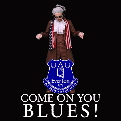 A Blue Shield With The Word Everton In White Letters GIF