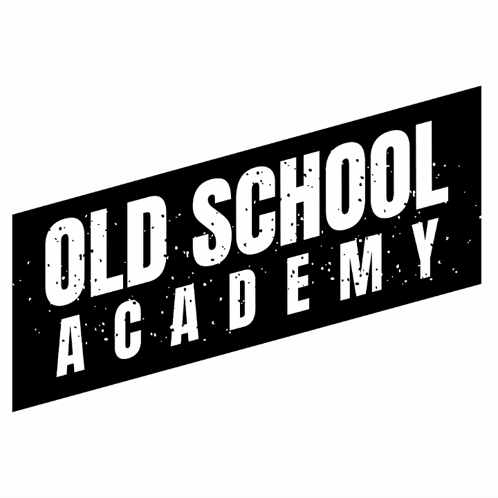 A Blue Sign That Says Old School Academy On A White Background GIF