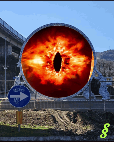 A Blue Sign With An Arrow Pointing To The Right Has A Statue In The Background GIF