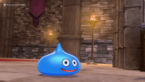 A Blue Slime In A Video Game With The Words Press And Hold To Skip On The Bottom GIF