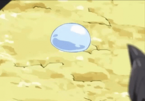 A Blue Slime With A Face Drawn On It Is Floating On Top Of A Yellow Surface . GIF