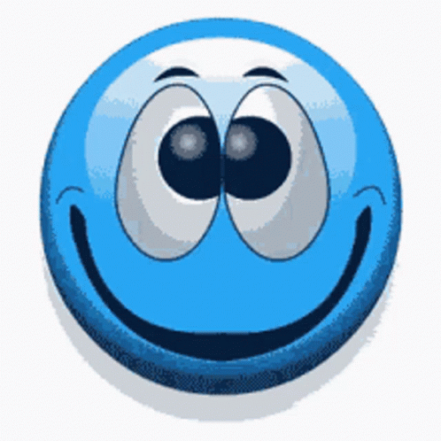 A Blue Smiley Face With Big Eyes And A Smile On Its Face GIF