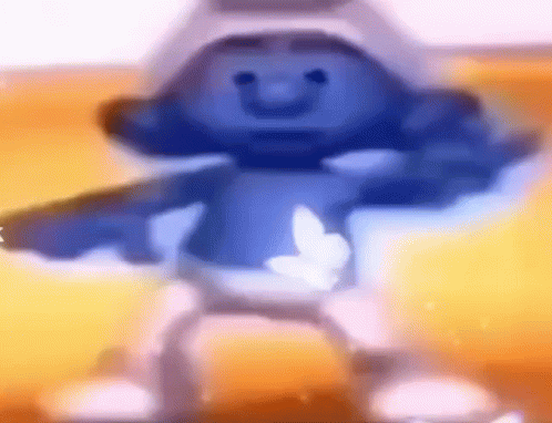 A Blue Smurf Is Dancing On A Yellow Background While Wearing A White Hat . GIF