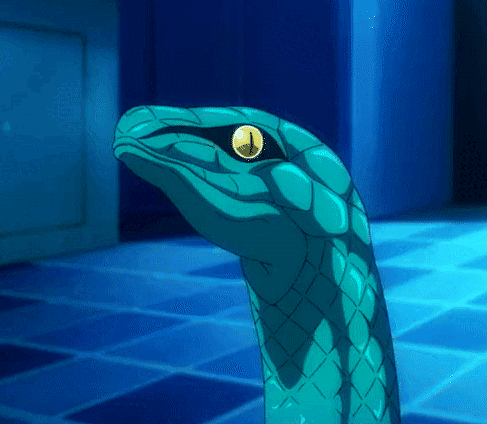 a blue snake with a yellow eye and a clock on its head