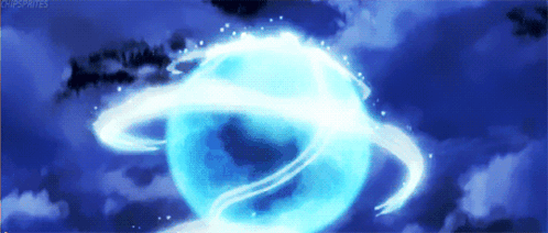 A Blue Sphere With A White Ring Around It Is Floating In The Air GIF