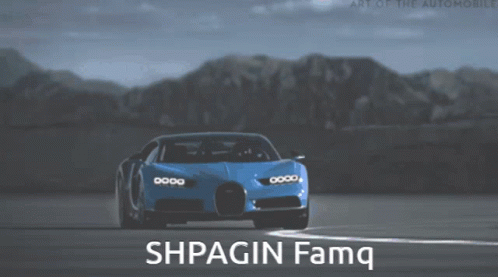 a blue sports car is driving down a road with the words shpagin famq written on the bottom