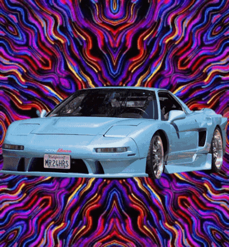 A Blue Sports Car With A California License Plate That Says Mr26hrs GIF