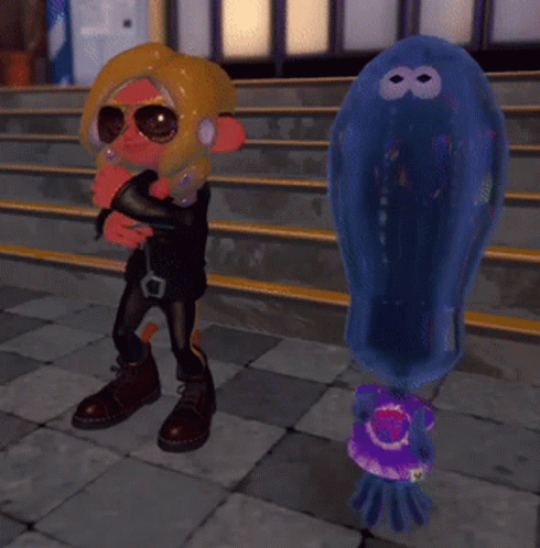 Blue Squid Next To Cartoon Character GIF