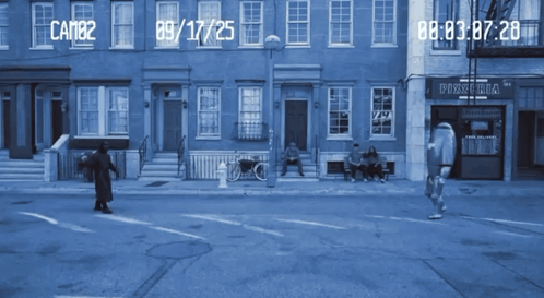 a blue street scene with a pizzeria on the corner