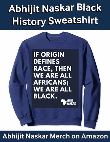 A Blue Sweatshirt That Says ' If Origin Defines Race , Then We Are All Africans , We Are All Black ' GIF