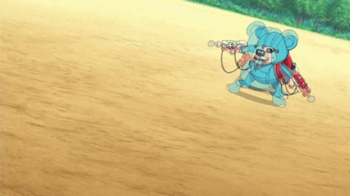 A Blue Teddy Bear Is Holding A Gun On A Dirt Ground GIF
