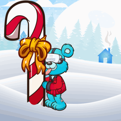 A Blue Teddy Bear Wearing A Virtual Reality Headset Is Holding A Candy Cane GIF