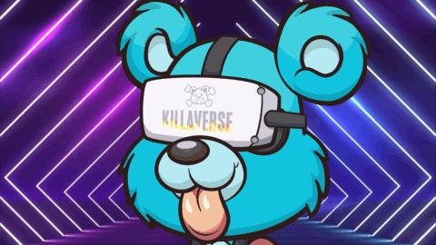 A Blue Teddy Bear Wearing A Virtual Reality Headset With Killaverse On It GIF