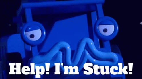 A Blue Toy Truck With The Words Help I 'M Stuck On It GIF