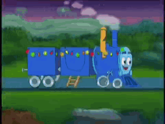 A Blue Train With A Smiley Face On It GIF