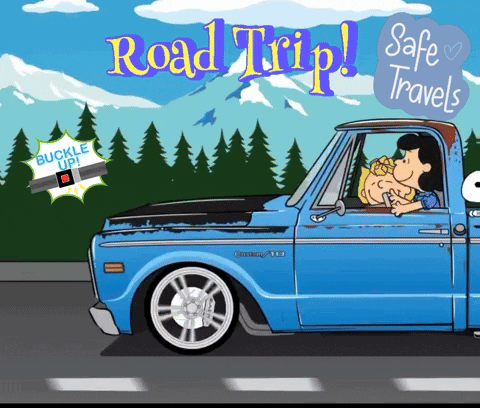 A Blue Truck Is Driving Down A Road With The Words Road Trip Safe Travels GIF