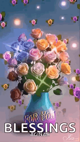 A Blue Vase Filled With Roses With The Words For You Blessings GIF