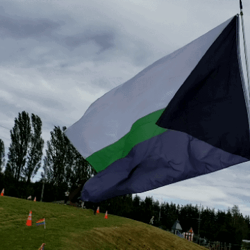 A Blue White And Green Flag Is Flying In The Wind On Top Of A Grassy Hill GIF
