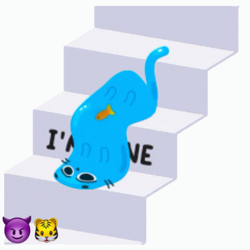 A Blue Worm Is Laying On A Set Of Stairs With The Words I 'M Fine Below It GIF