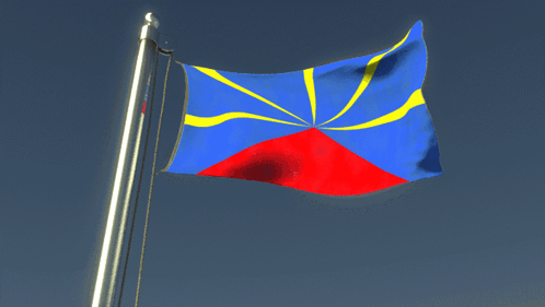 A Blue Yellow And Red Flag Is Waving In The Wind Against A Blue Sky GIF