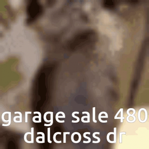 A Blurred Image Of A Donkey With The Words Garage Sale 480 Dalcross Dr Below It GIF
