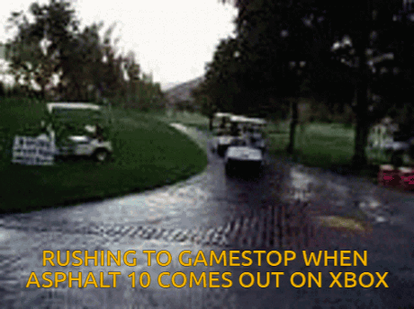 A Blurred Image Of A Golf Course With The Words Rushing To Gamestop When Asphalt 10 Comes Out On Xbox GIF