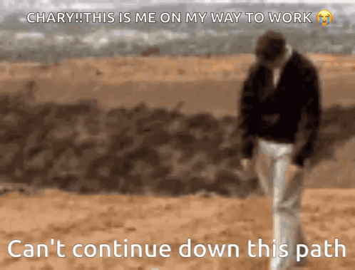 A Blurred Image Of A Man Walking In The Desert With The Caption " Can T Continue Down This Path " GIF
